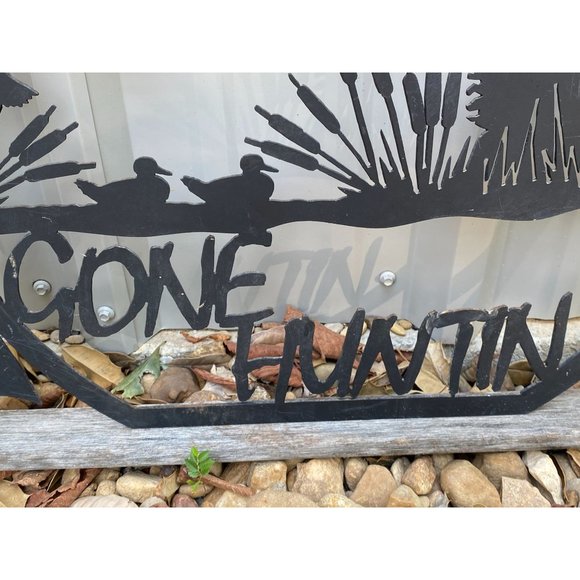 Vintage "Gone Huntin"  Metal Silhouette Sign Rifle Ducks Hunter Duck Hunting 26" - Picture 7 of 12